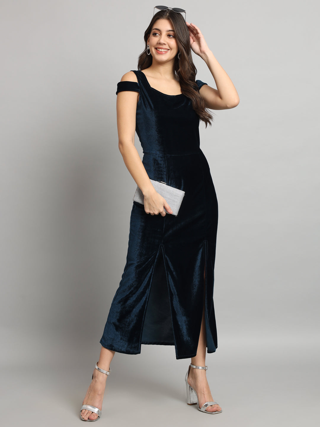 Maxi Style Cold Shoulder Bodycon Party Dress Peacock Blue