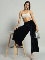 Wide Bottoms Stylish Palazzo Pants Party Trousers Navy Blue