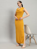 Lycra Cowl Neck Bodycon Maxi Sleeveless Party Dress Mustard Yellow