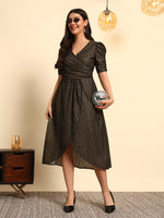 Black Gold Shimmer Wrap Dress with Puff Sleeves
