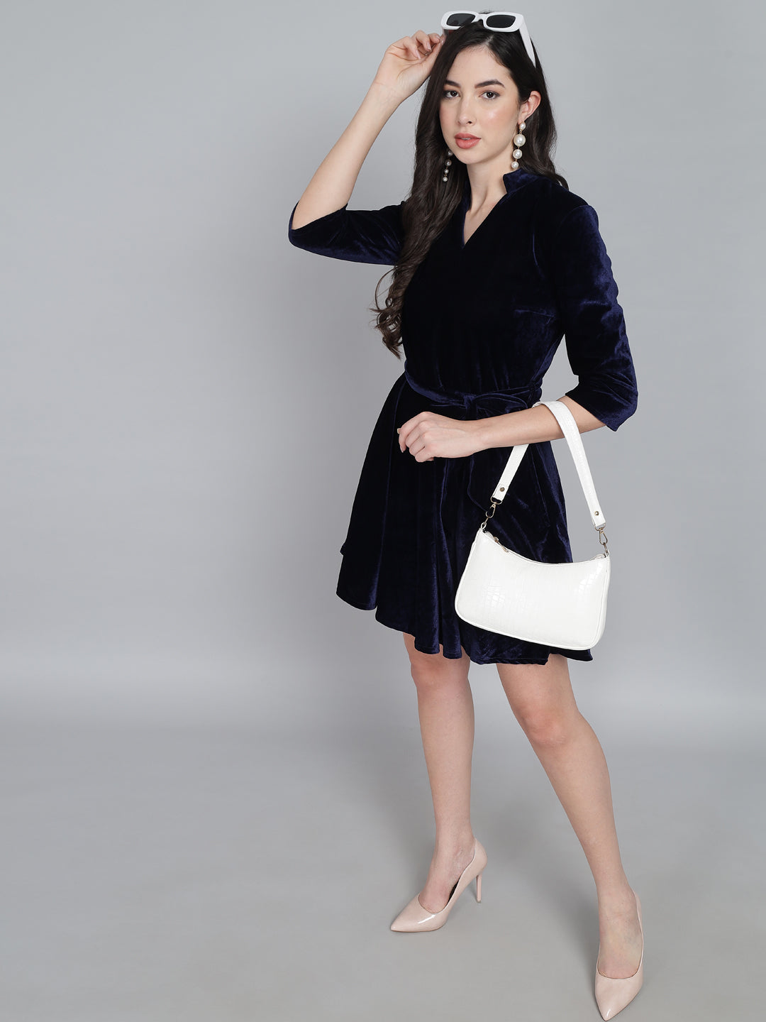 A-Line Quarter Sleeves V-Neck Party Dress Dark Blue