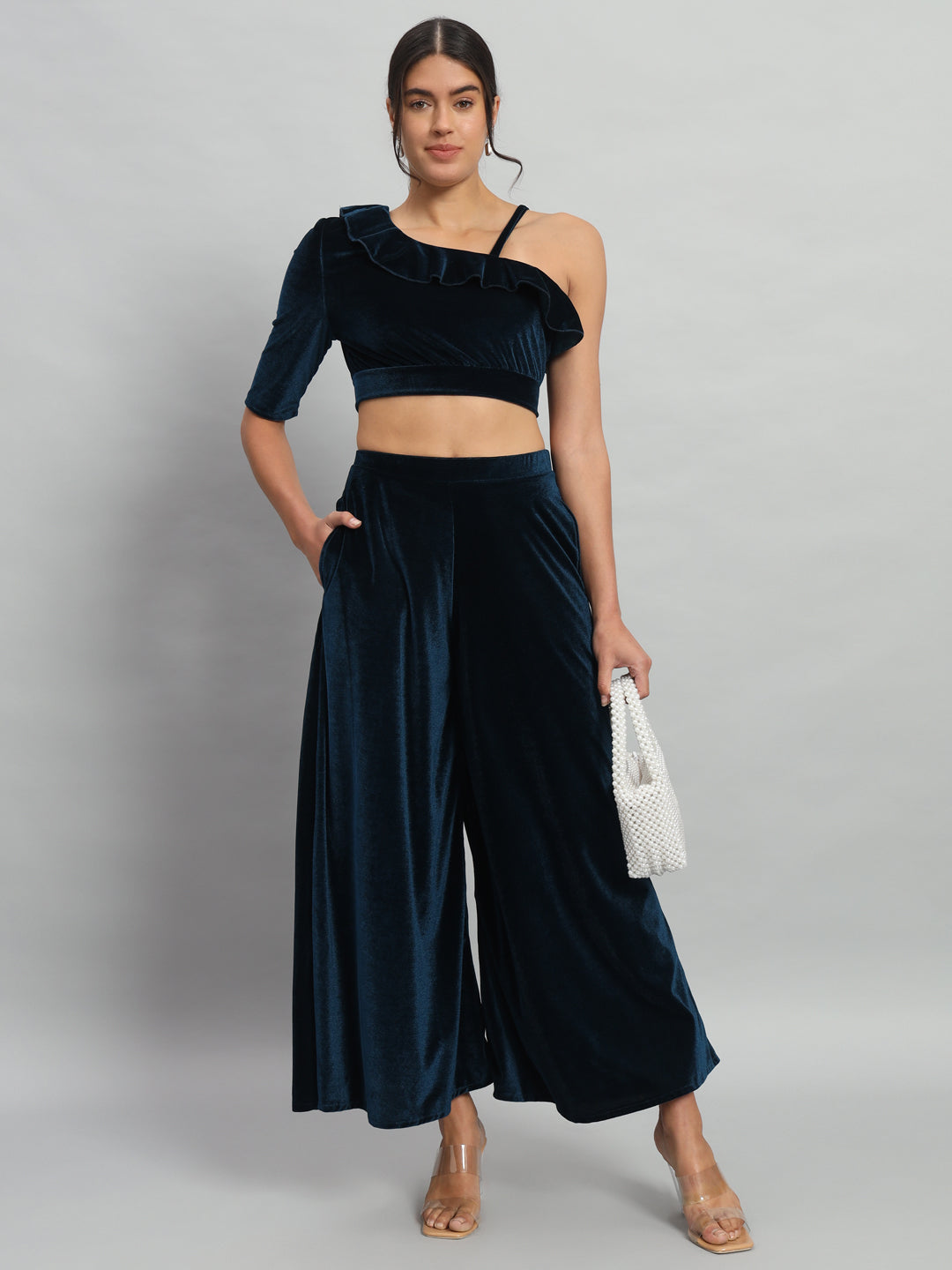 One Sleeve Crop Top with Palazzo Party Co-Ord Set Black