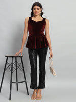 Waistline Ruffle Sleeveless Party Top Maroon