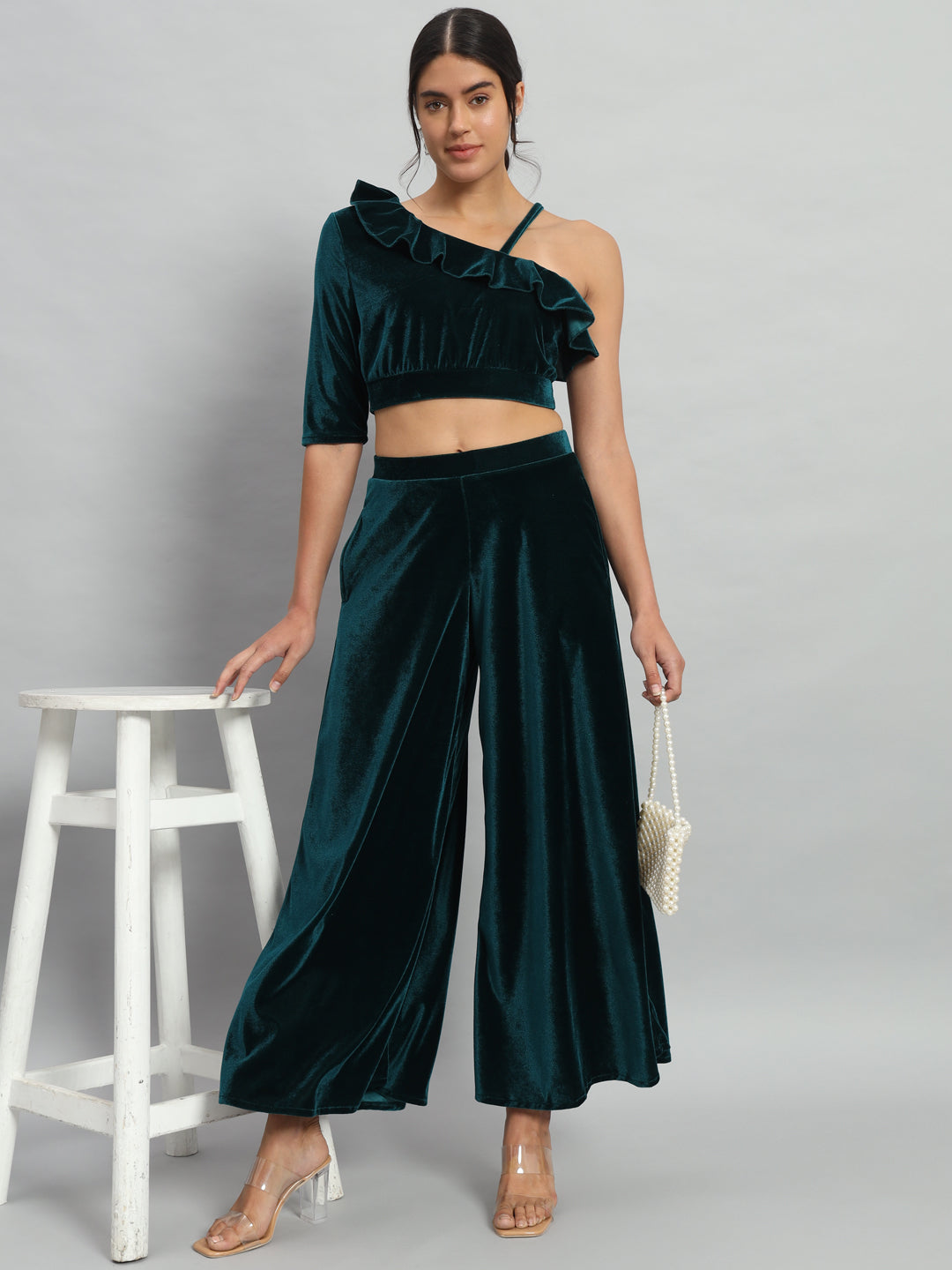 One Sleeve Crop Top with Palazzo Party Co-Ord Set Rama Green