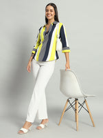 Crepe V-Neck Collared Quarter Sleeves Tops Lemon Yellow