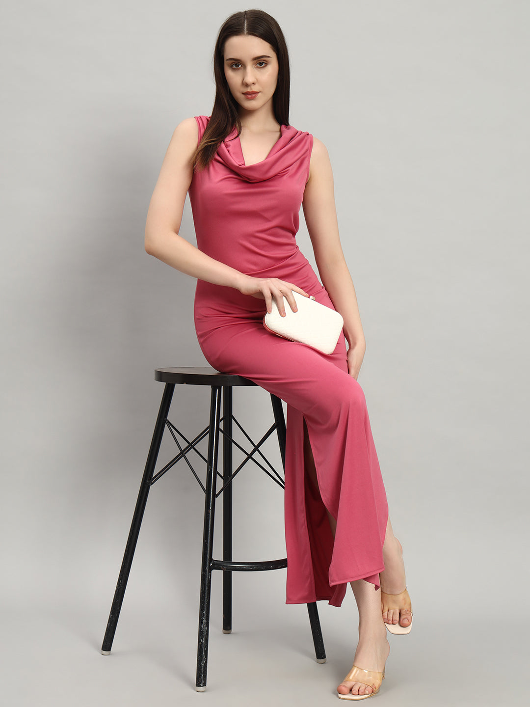 Lycra Cowl Neck Bodycon Maxi Sleeveless Party Dress Onion Pink