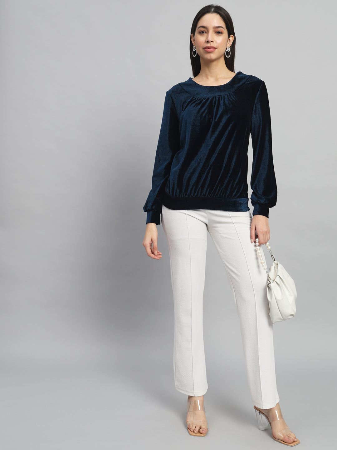 Round Neck Puff Sleeves Blouson Top Peacock Blue