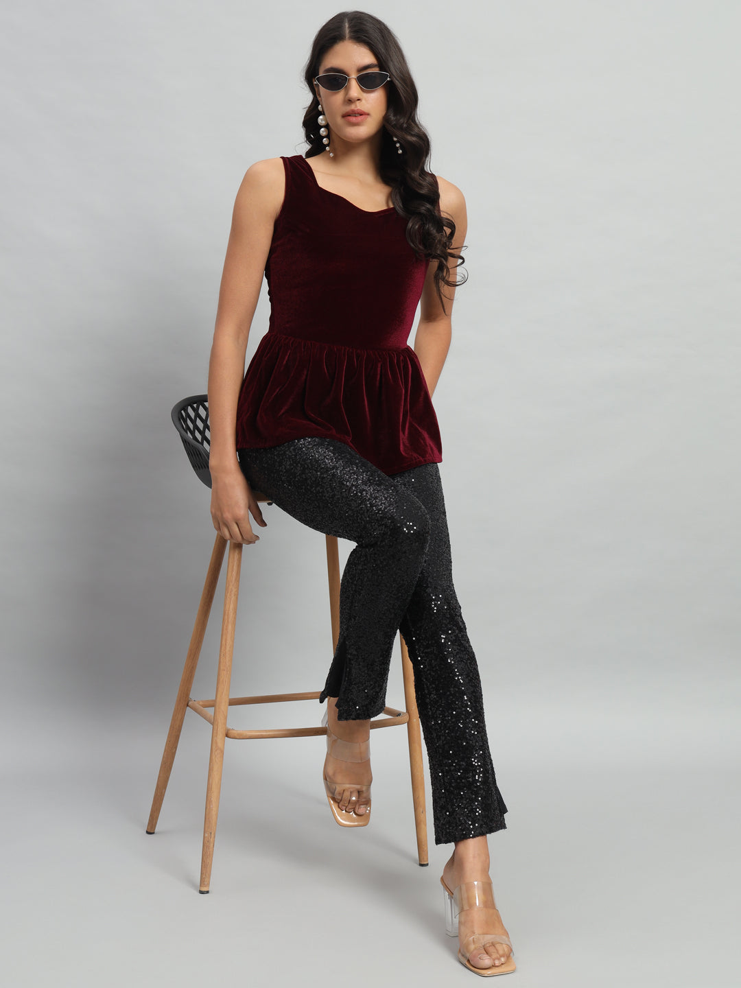 Waistline Ruffle Sleeveless Party Top Maroon