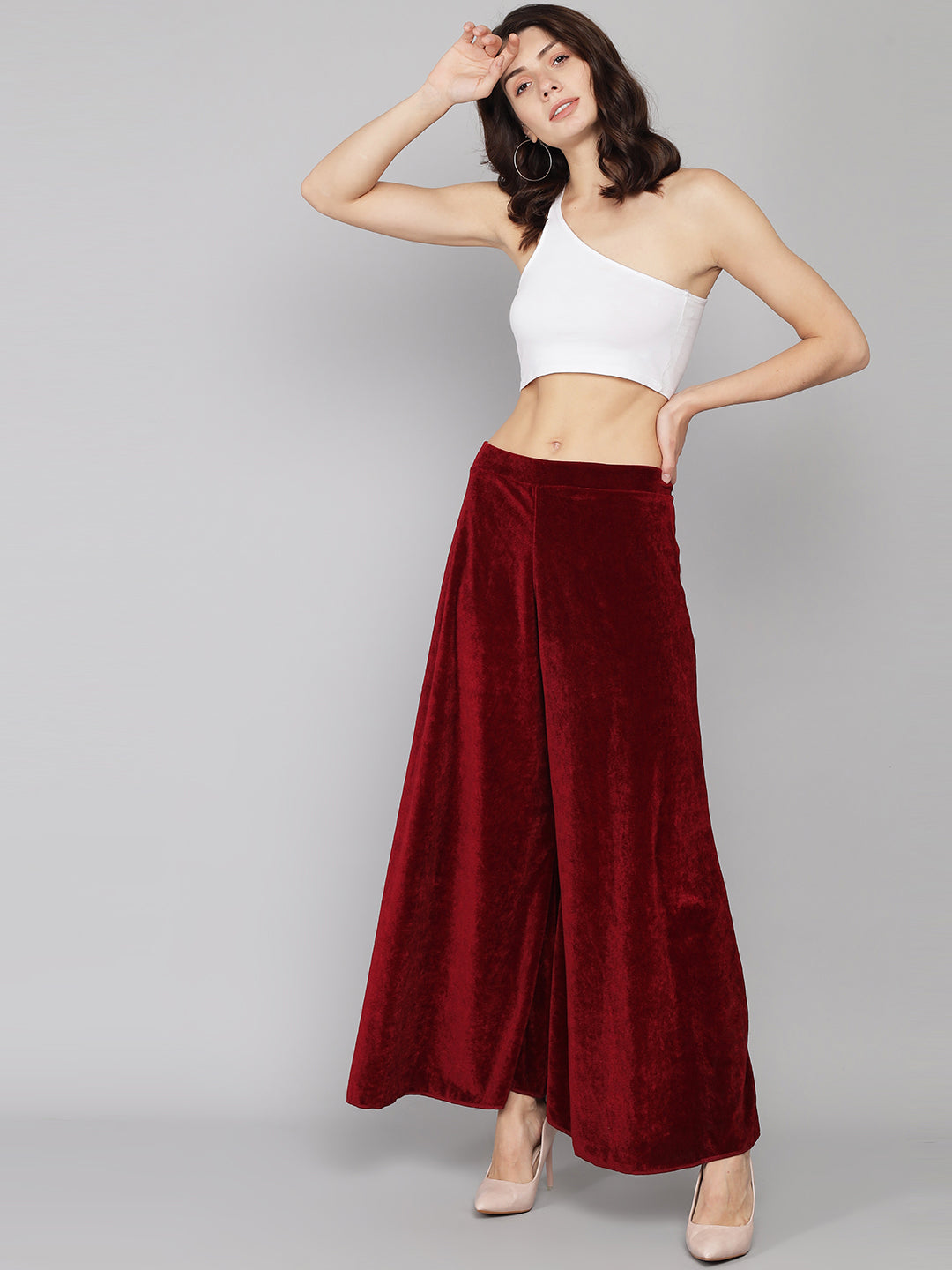 Women Velvet Wide Leg Palazzos Maroon