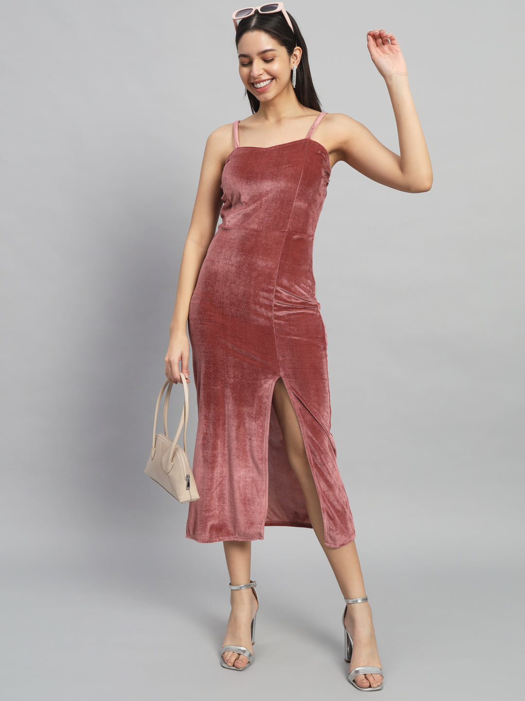 Maxi Sleeveless Velvet Square Neck Bodycon Dress Dark Peach