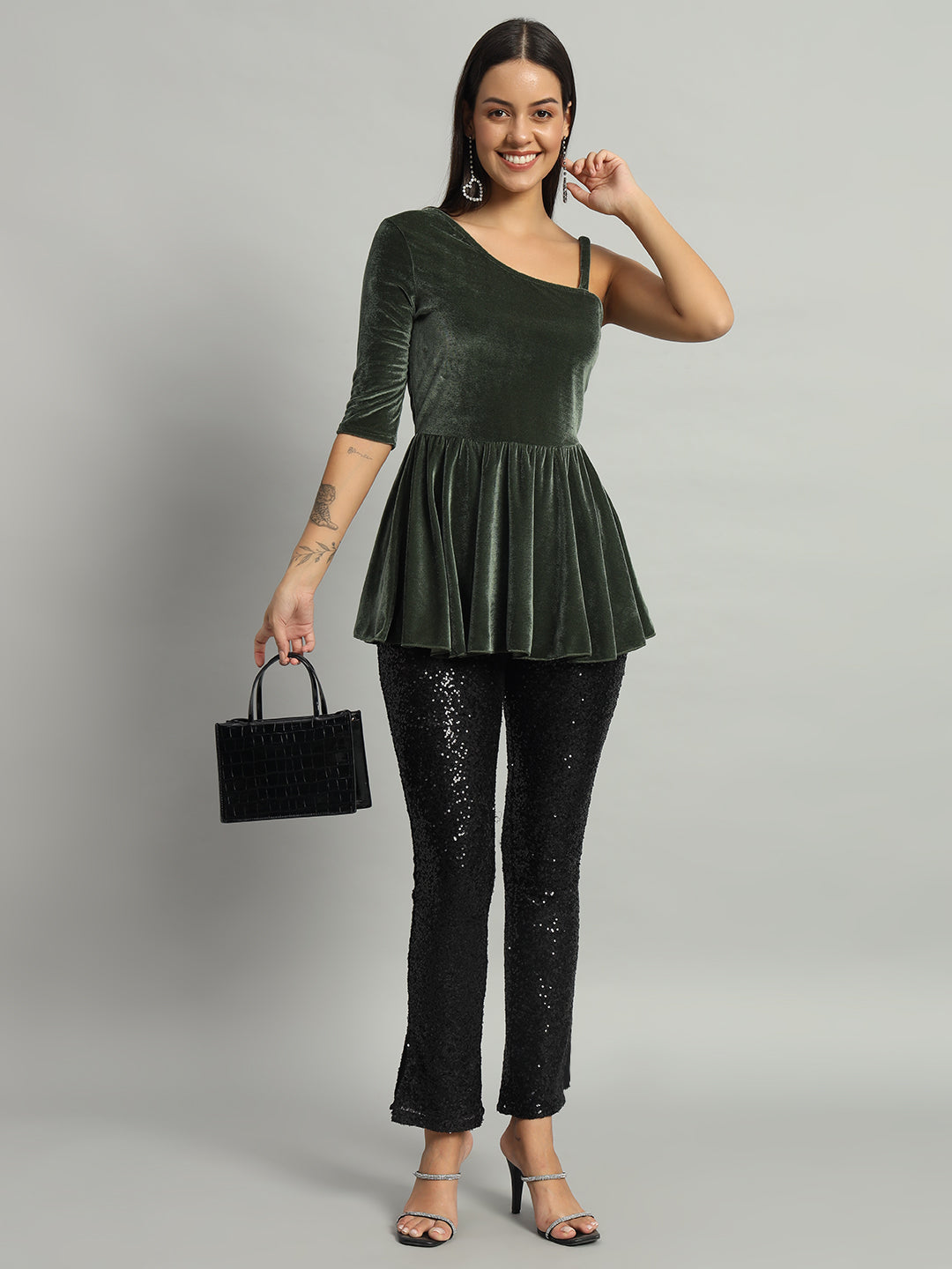 Quarter Sleeve A-Line Party Top Olive Green