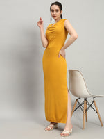 Lycra Cowl Neck Bodycon Maxi Sleeveless Party Dress Mustard Yellow