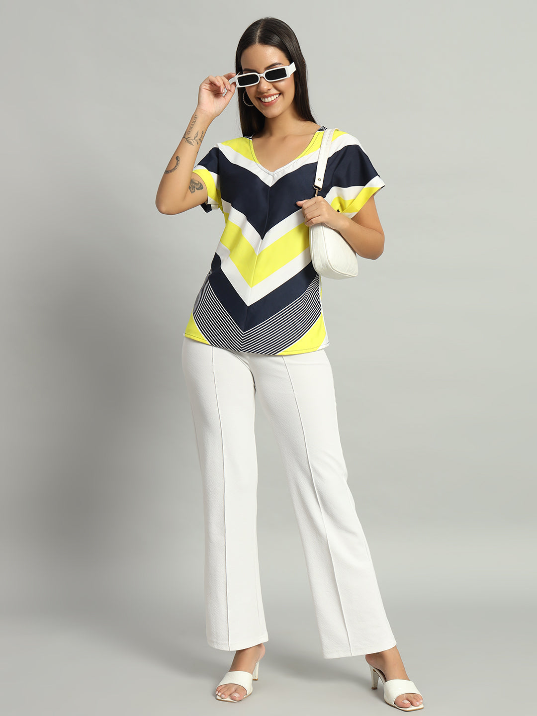 Crepe V-Cut Striped Short Sleeves Top Lemon Yellow