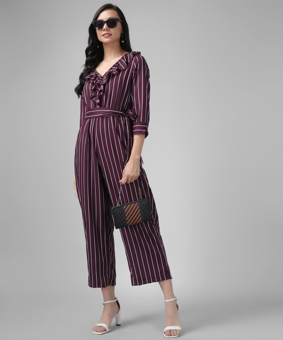 Crepe Quarter Sleeves V-Neck Stylish One Piece Party Jumpsuit