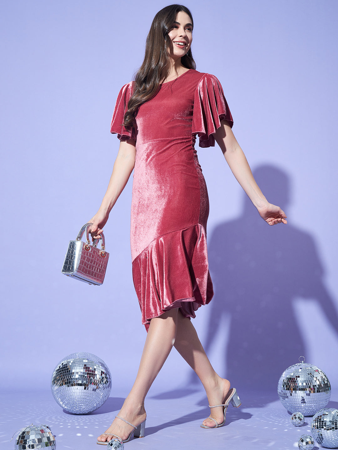 Women Flared Sleeves Velvet Drop-Waist Midi Dress With Ruffles Details