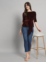 Half Sleeeves Front Tie Waistband Party Top Maroon