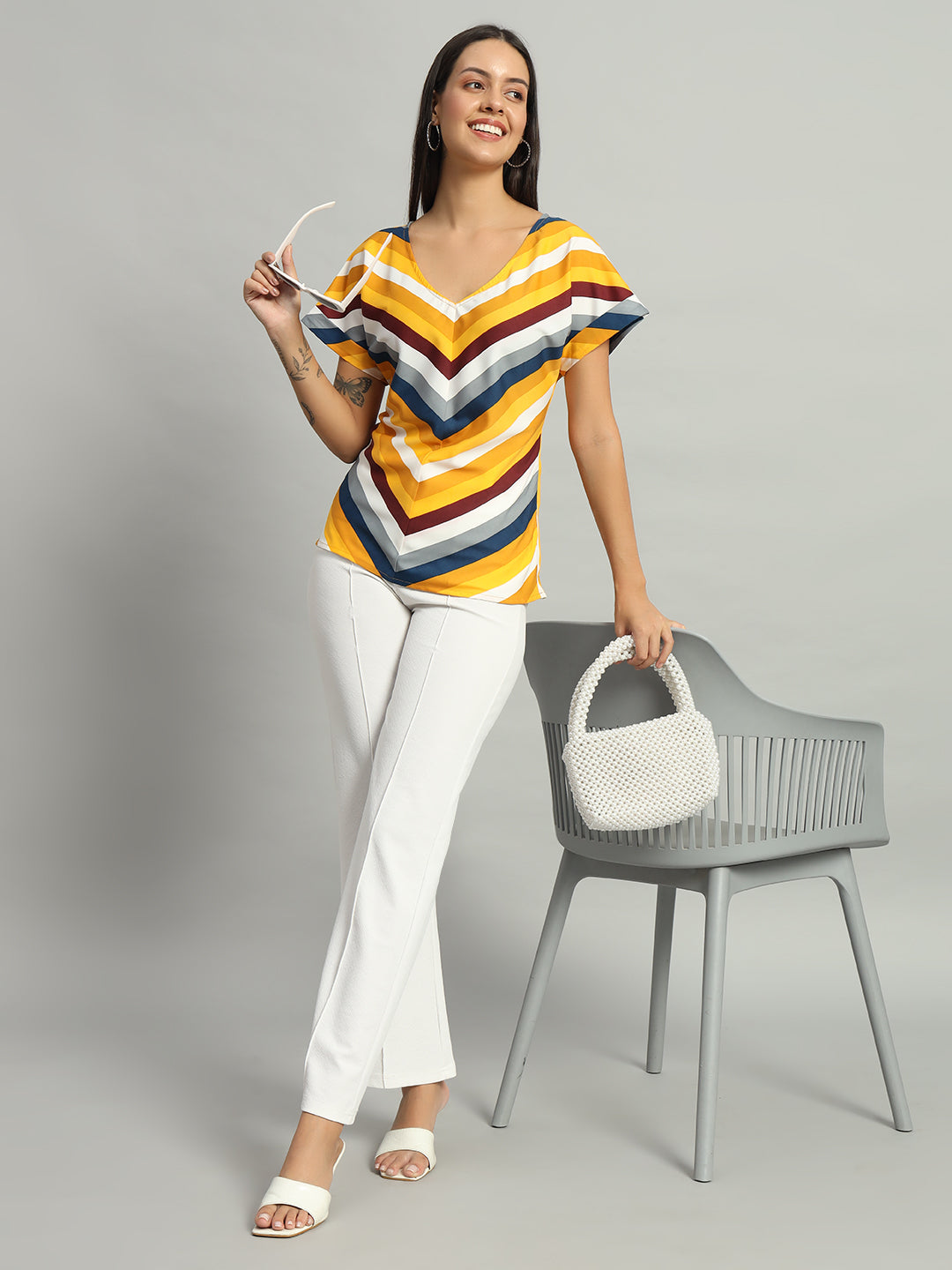 Crepe V-Cut Striped Short Sleeves Top Dark Yellow