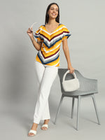 Crepe V-Cut Striped Short Sleeves Top Dark Yellow