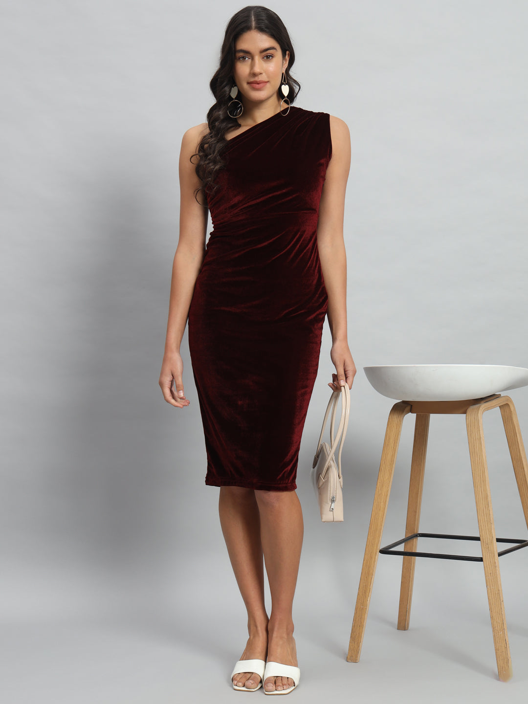 Back Slit Bodycon Party Dress One Shoulder Sporty Maroon