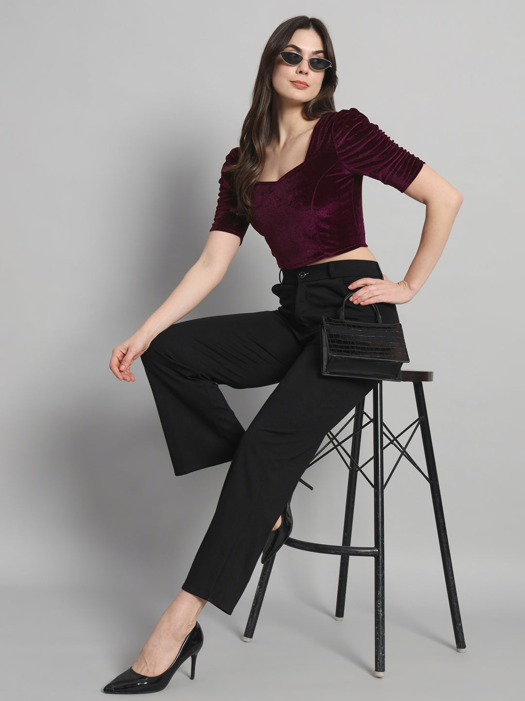 Puff Sleeves Velvet Blouse Tops Maroon