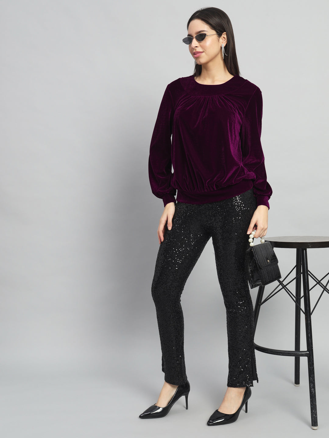 Round Neck Puff Sleeves Blouson Top Wine