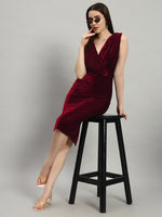 Deep V-Neck Shiny Velvet Sleeveless Party Dress Maroon