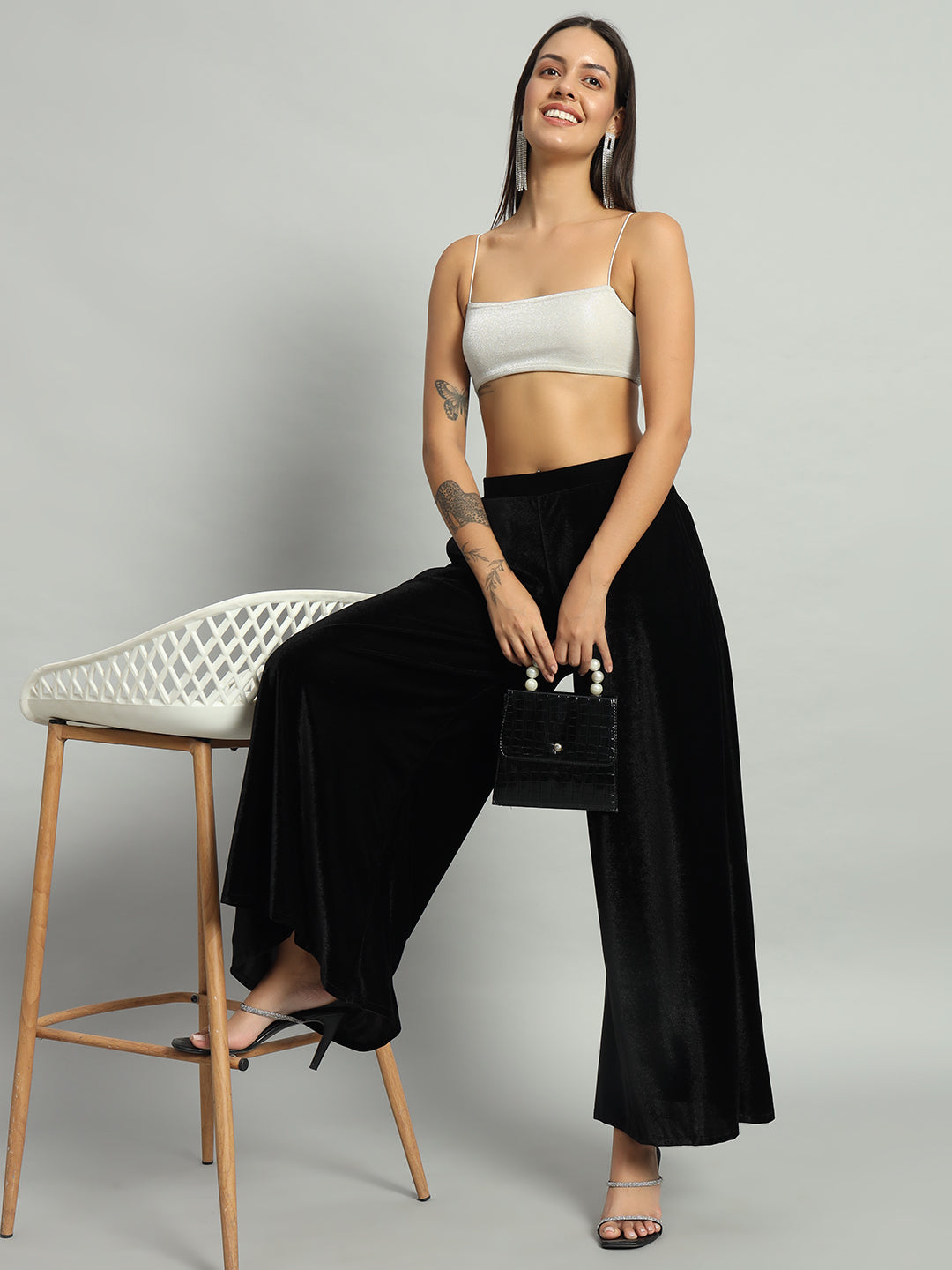 Wide Bottoms Stylish Palazzo Pants Party Trousers Black