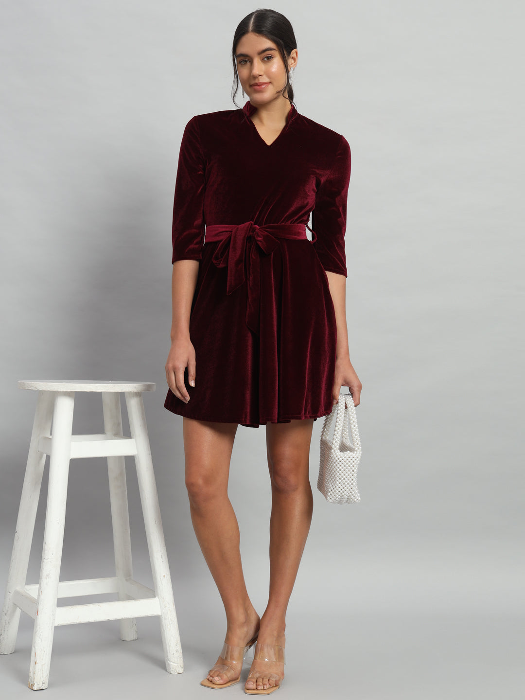 A-Line Quarter Sleeves V-Neck Party Dress Maroon