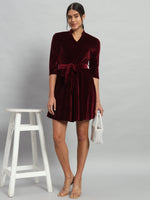 A-Line Quarter Sleeves V-Neck Party Dress Maroon