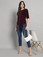 Half Sleeeves Front Tie Waistband Party Top Wine