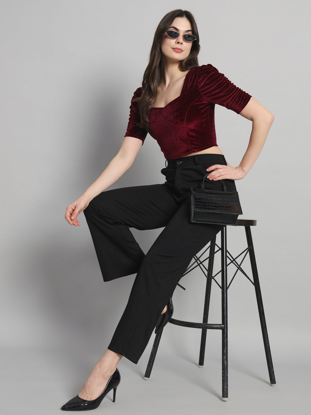 Puff Sleeves Velvet Blouse Tops Sporty Maroon