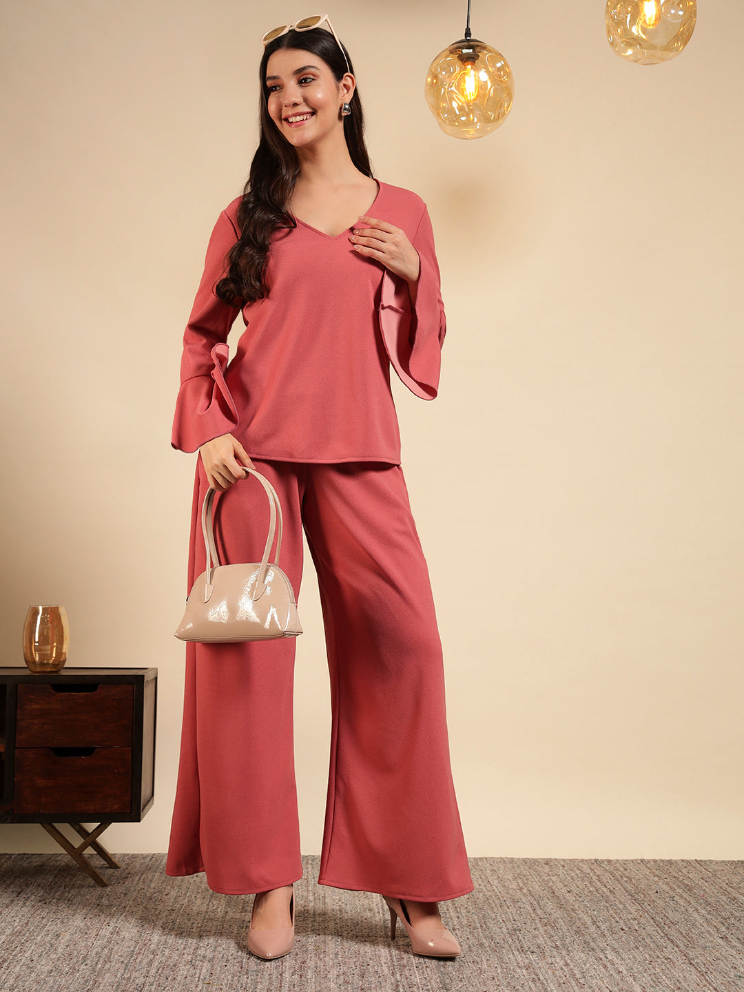 Flared Sleeve Top & Wide-Leg Pants Co-ord Set