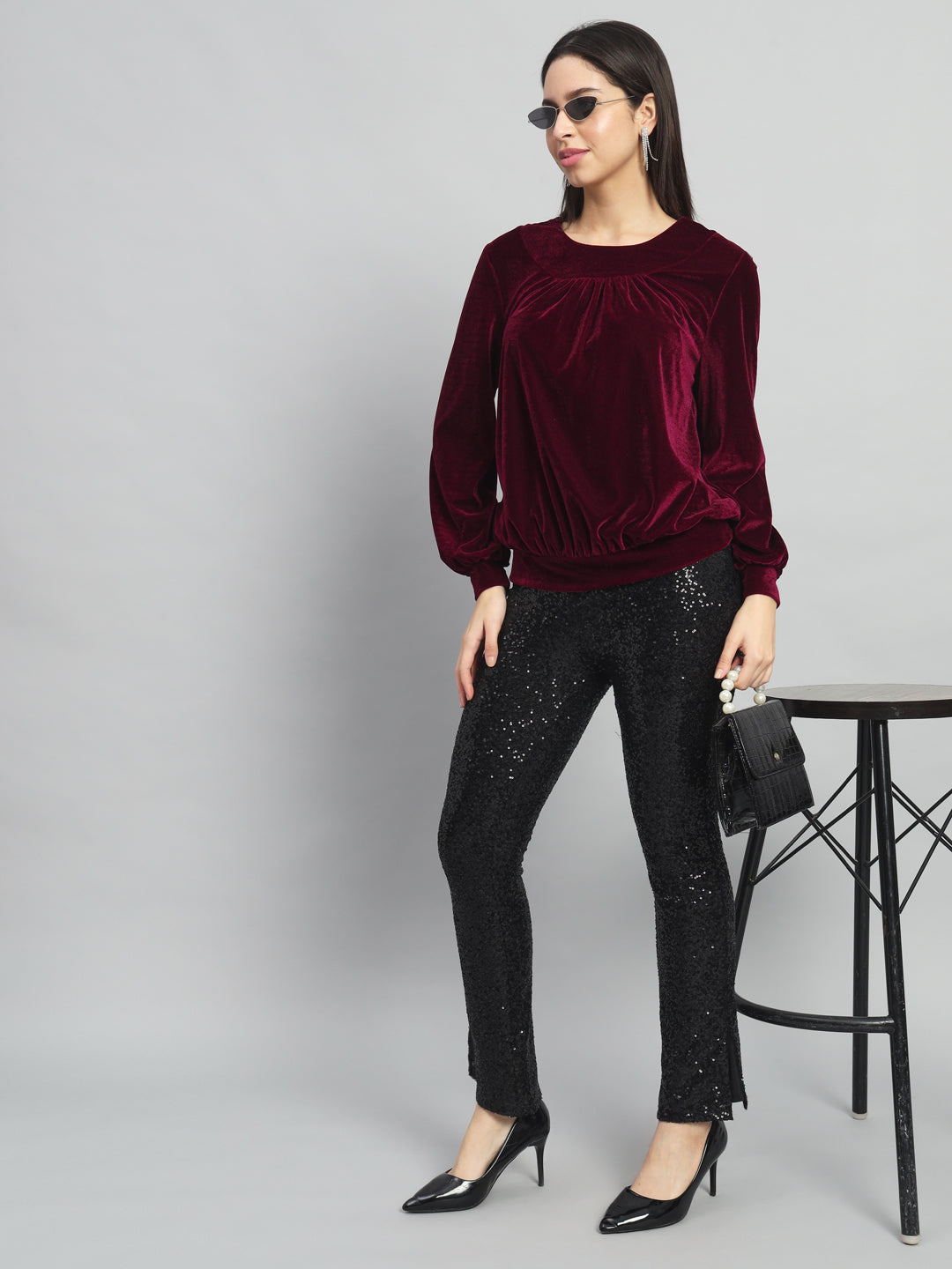 Round Neck Puff Sleeves Blouson Top Sporty Maroon