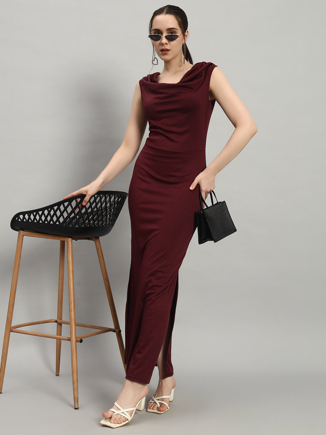 Lycra Cowl Neck Bodycon Maxi Sleeveless Party Dress Wine