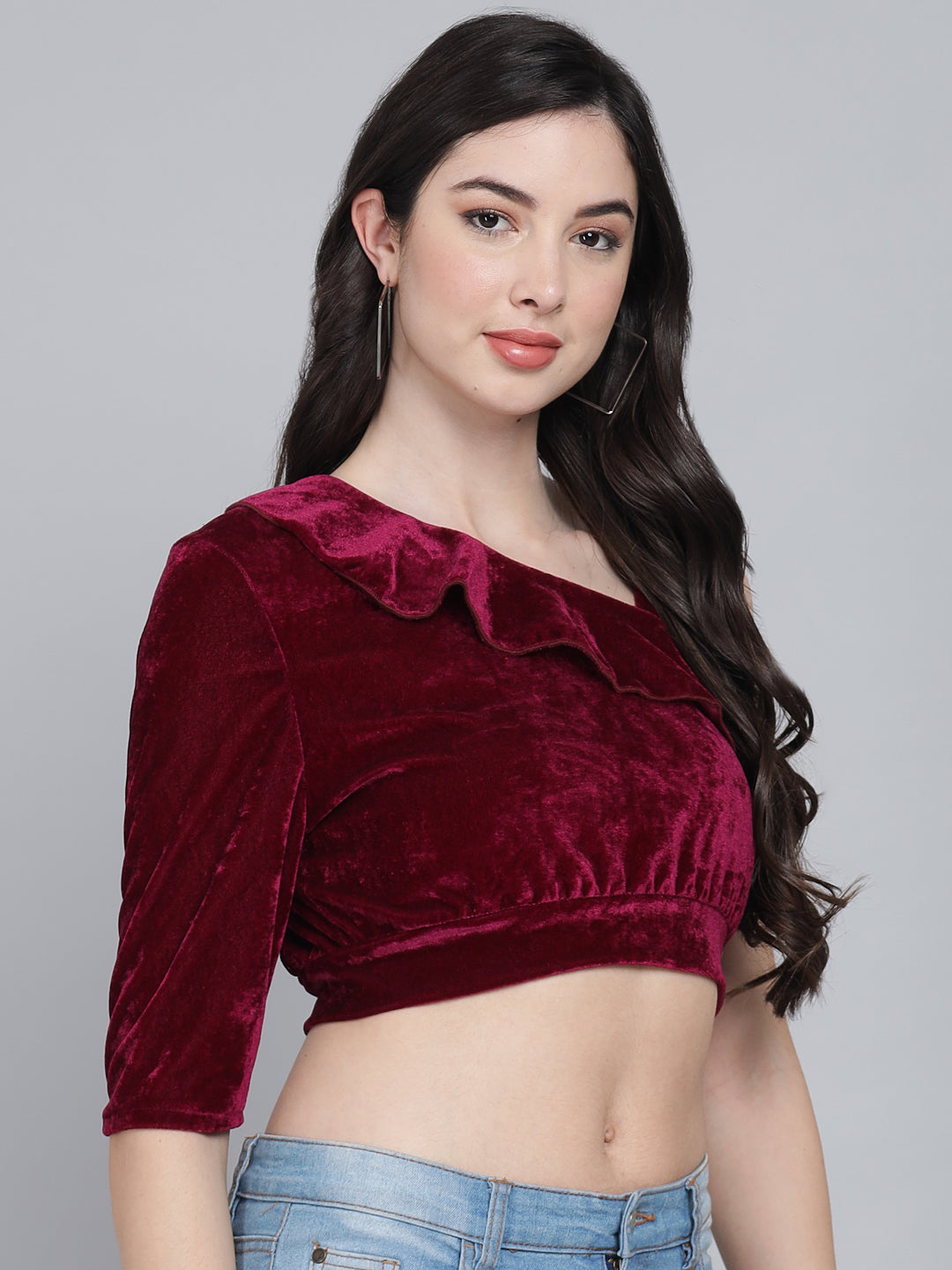 One Off Shoulder Ruffle Styling Blouse Tops Maroon