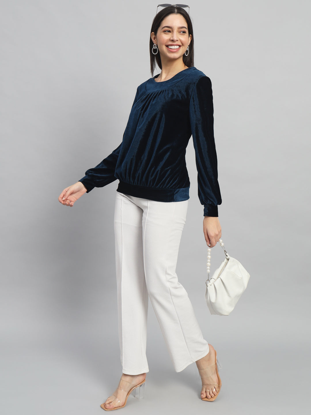 Round Neck Puff Sleeves Blouson Top Peacock Blue