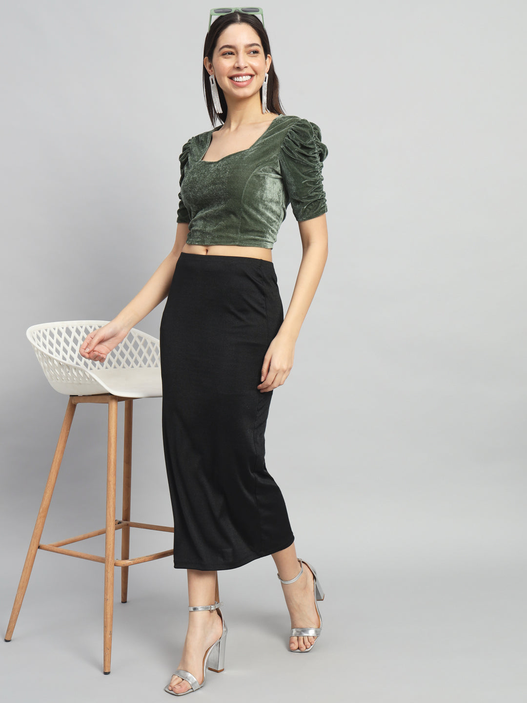 Puff Sleeves Velvet Blouse Tops Dark Olive Green