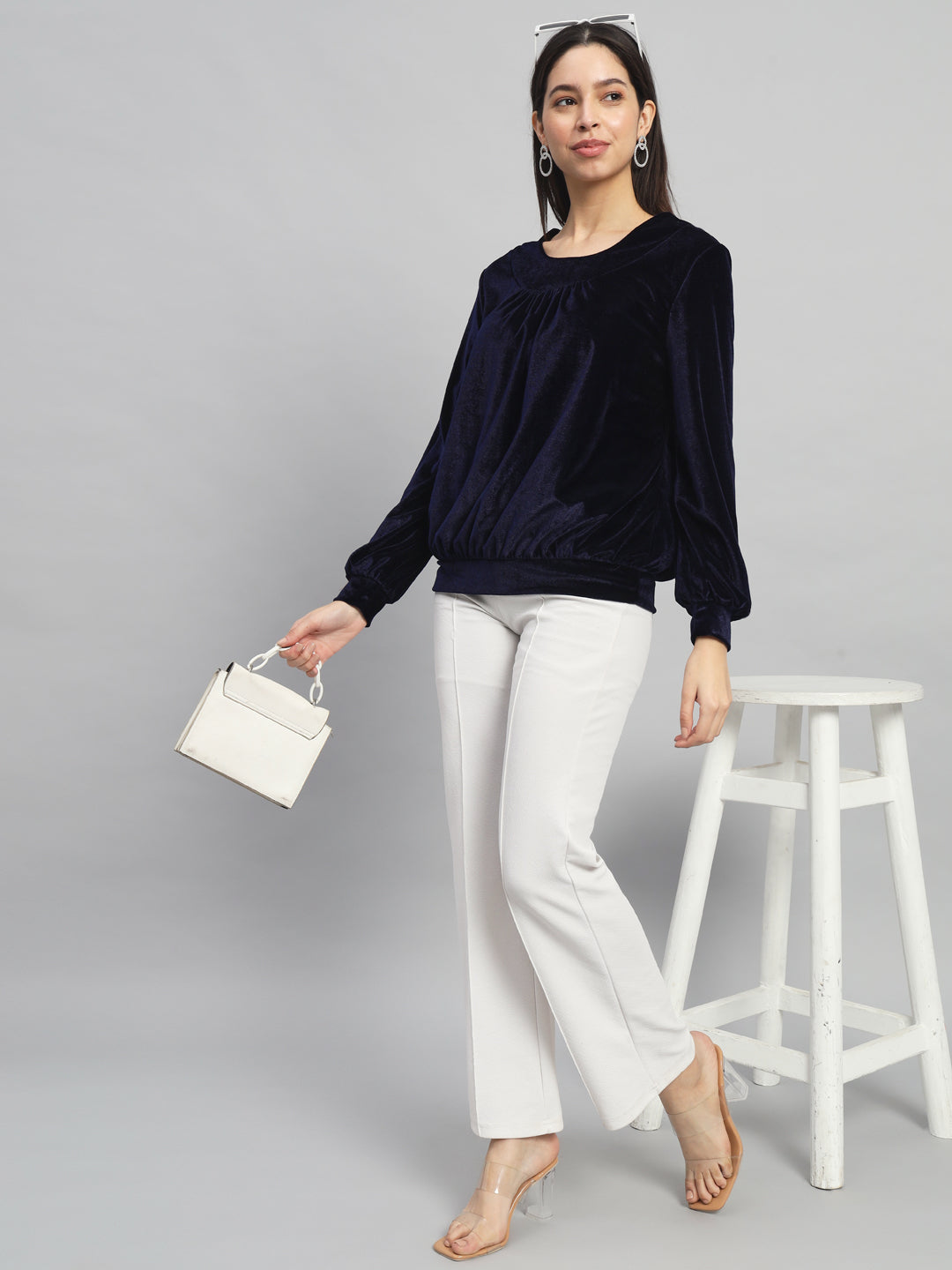 Round Neck Puff Sleeves Blouson Top Navy Blue