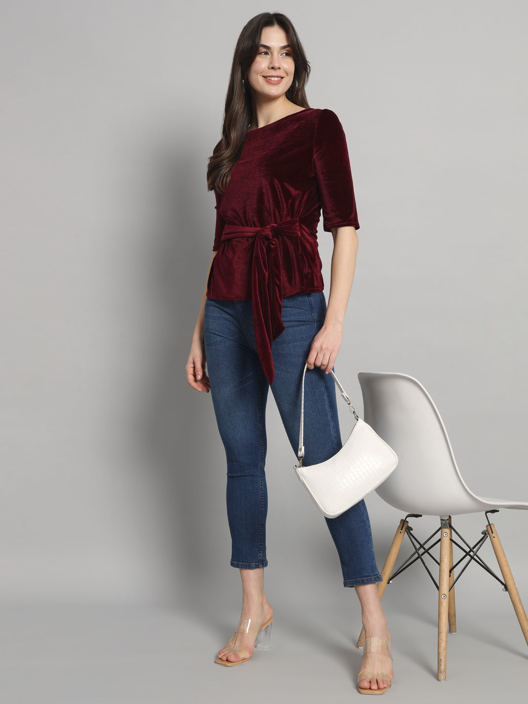 Velvet Tie-Up Peplum Top for Women