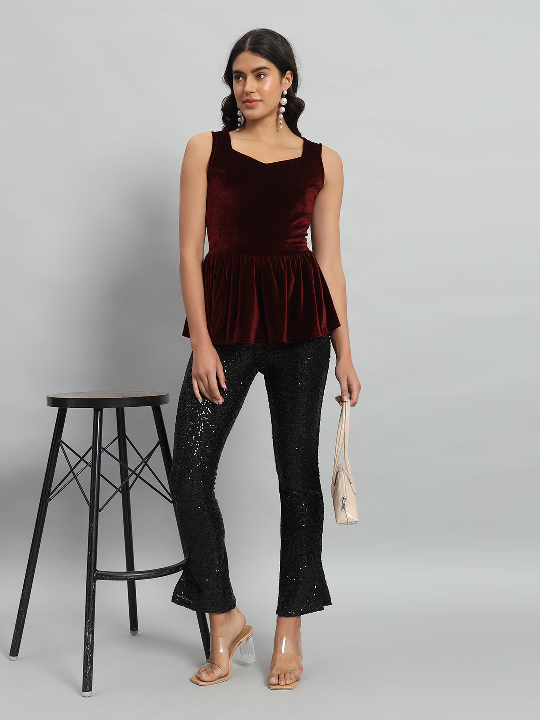 Waistline Ruffle Sleeveless Party Top Wine