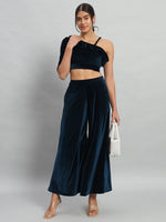 One Sleeve Crop Top with Palazzo Party Co-Ord Set Peacock Blue