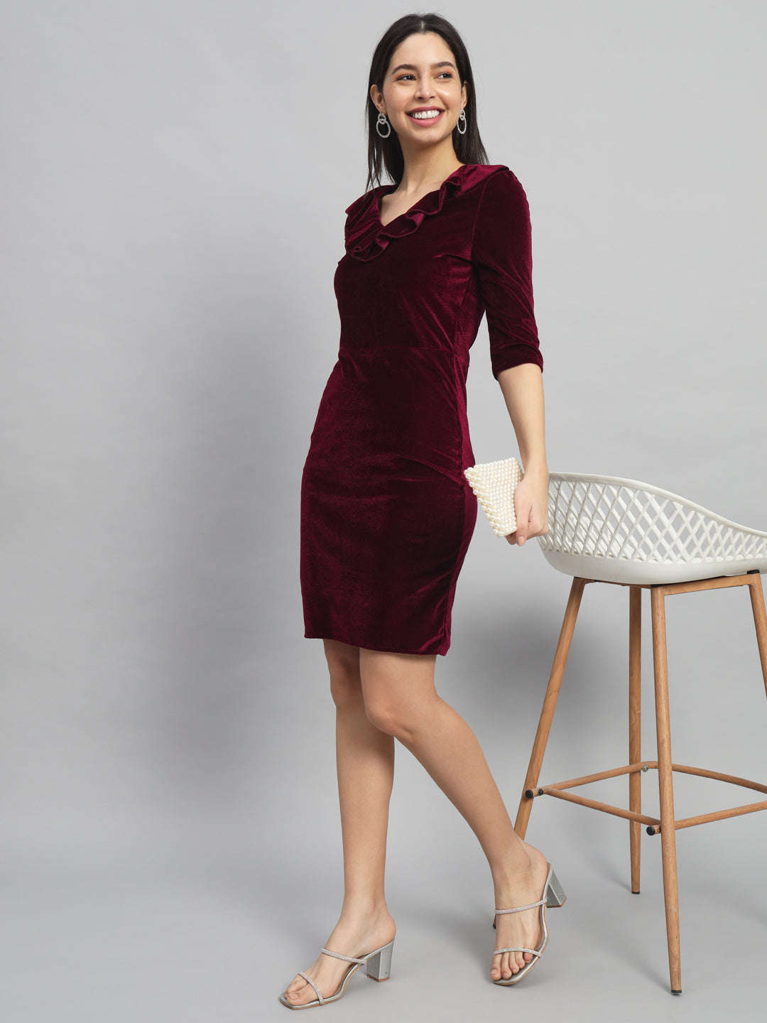 Half Sleeves Above Knee Party Dress Sporty Maroon