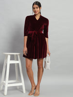 A-Line Quarter Sleeves V-Neck Party Dress Sporty Maroon