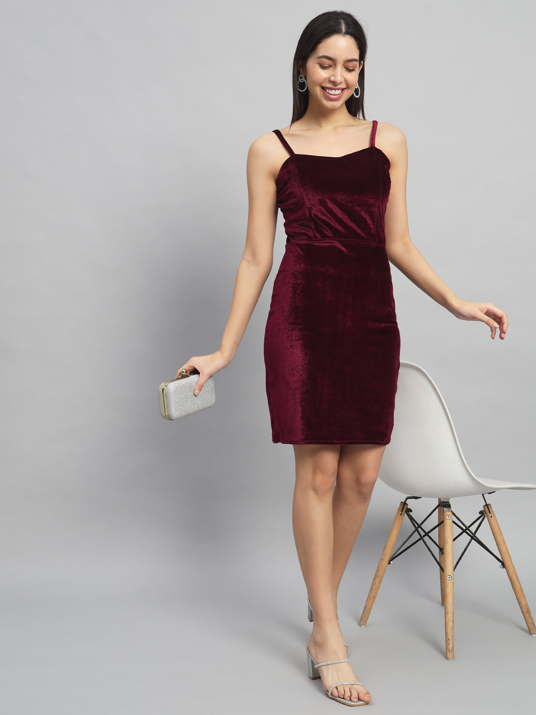 Shoulder Strap Sleeveless Bodycon Party Dress Maroon