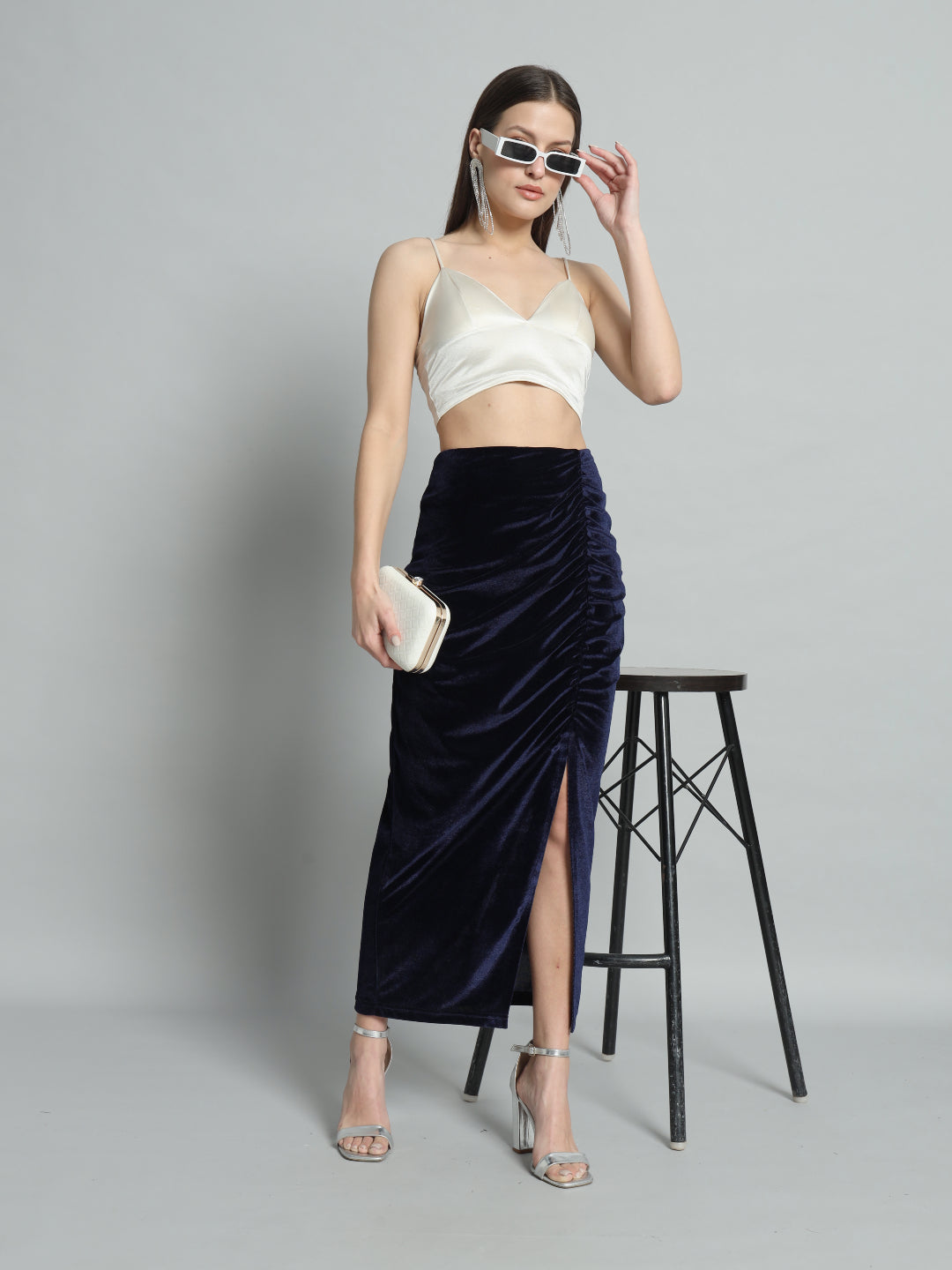 Ankle Length Long Ruched Party Skirt Navy Blue