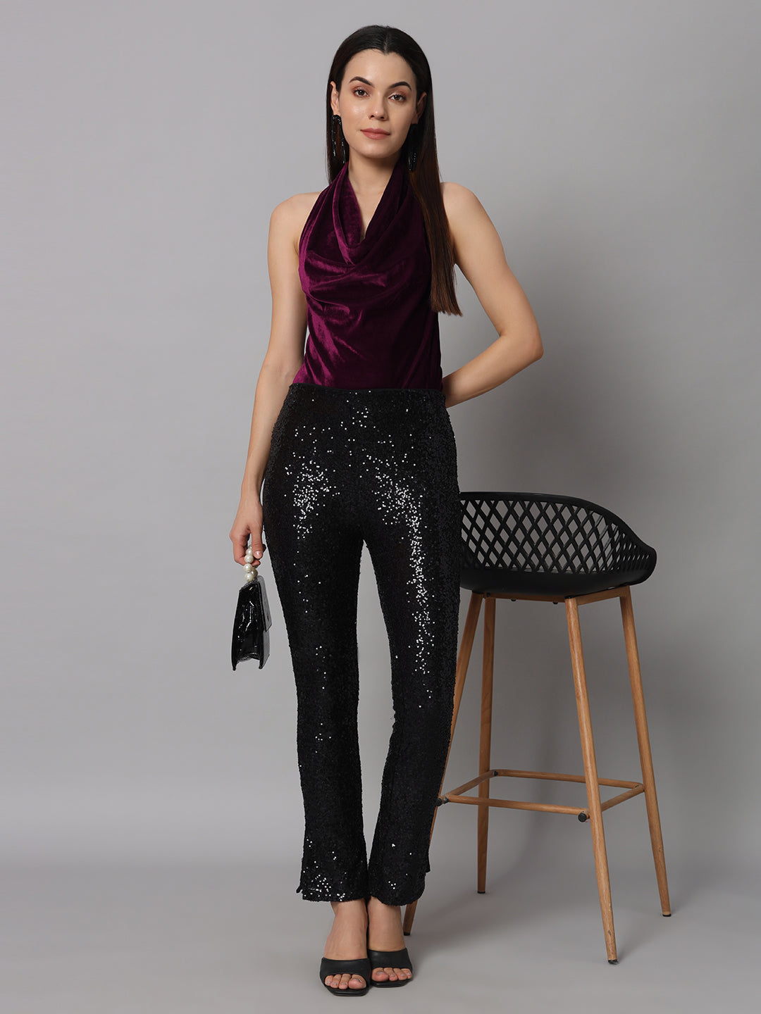 Halter Neck Top Velvet Sleeveless Party Outfit Black