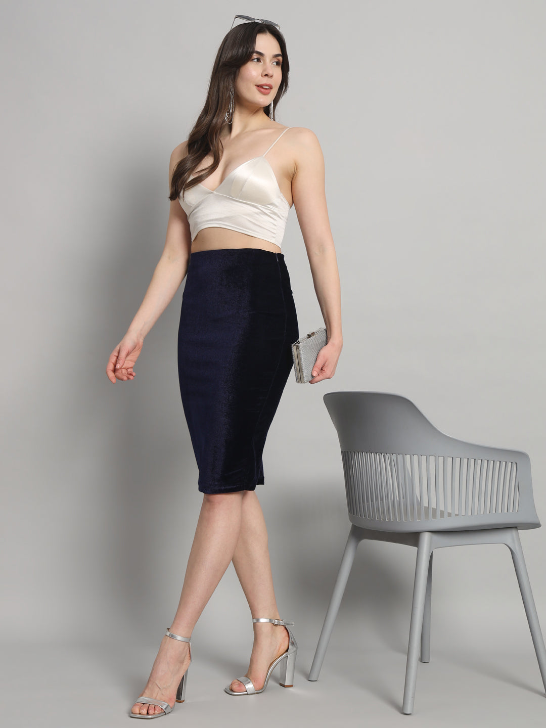 Back Slit nee Length Skirt for Women Navy Blue