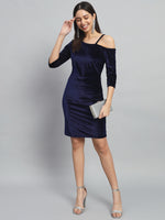 Velvet One Cold Shoulder Bodycon Party Dress Navy Blue