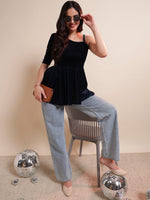 Solid One Shoulder Velvet Peplum Top
