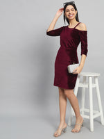 Velvet One Cold Shoulder Bodycon Party Dress Sporty Maroon